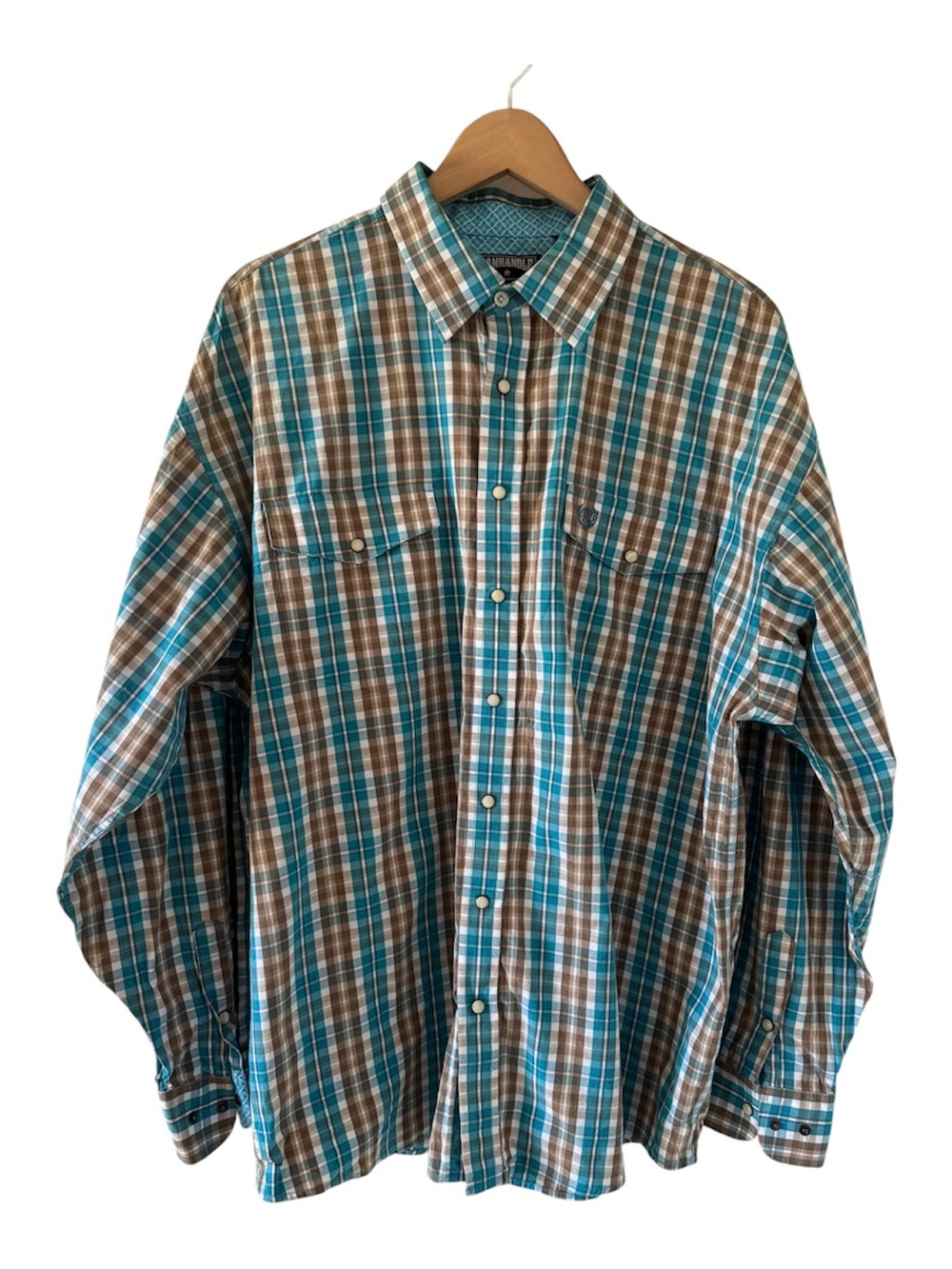Panhandle Men's Teal and Brown Plaid Pearl Snap Casual Long Sleeve Shirt - XL